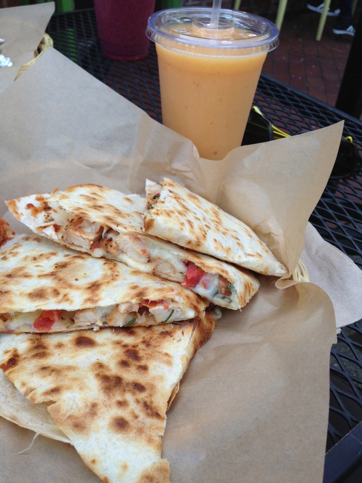 BBQ chicken quesadilla and Mango smoothie from Laughing Planet